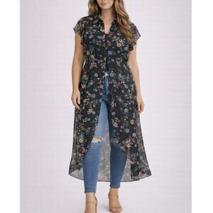 Boutique+  Floral High-Low Duster Kimono Black Women’s Size 1X